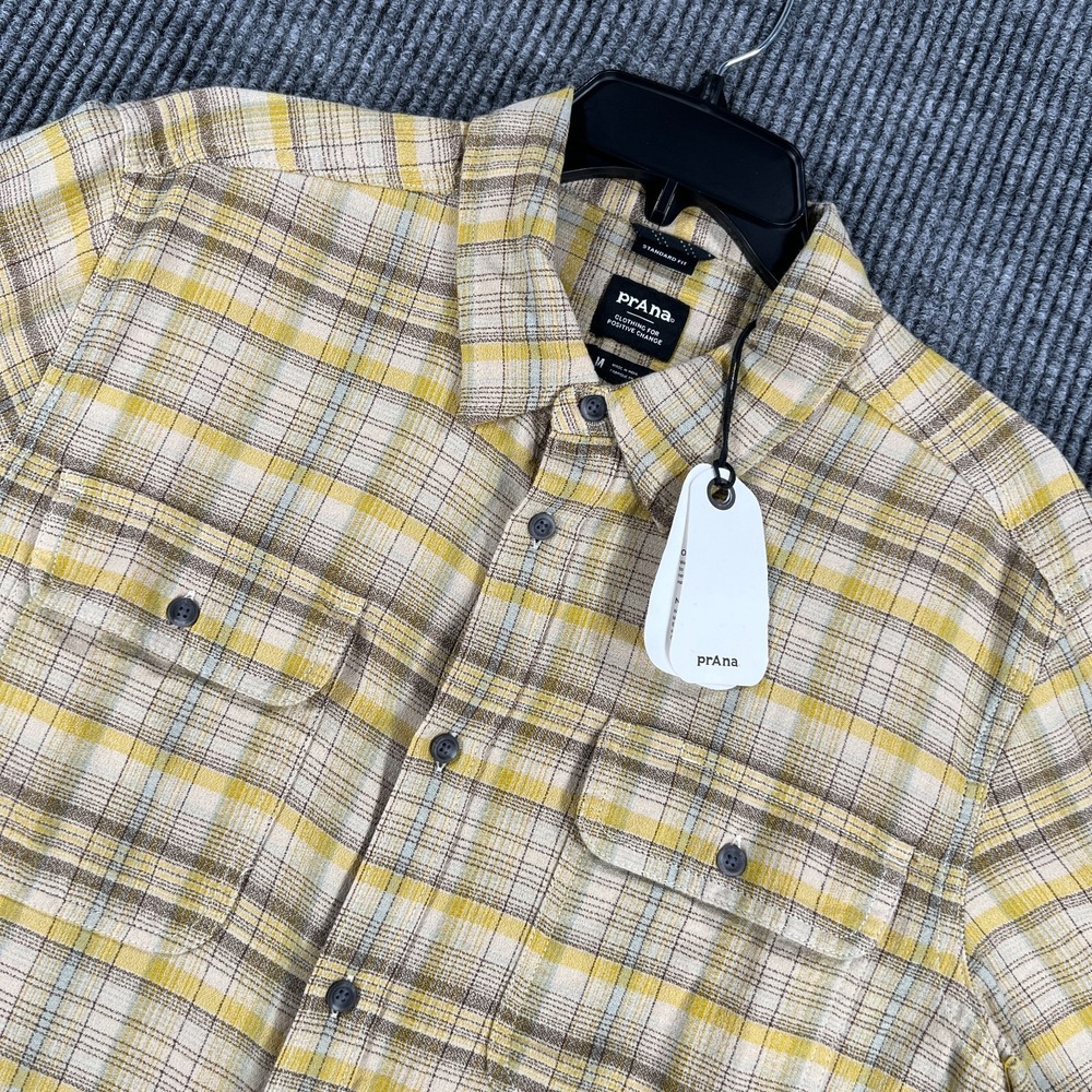 Prana Shirt Mens Medium Yellow Gray Plaid Long Sleeve Button Up Pockets New